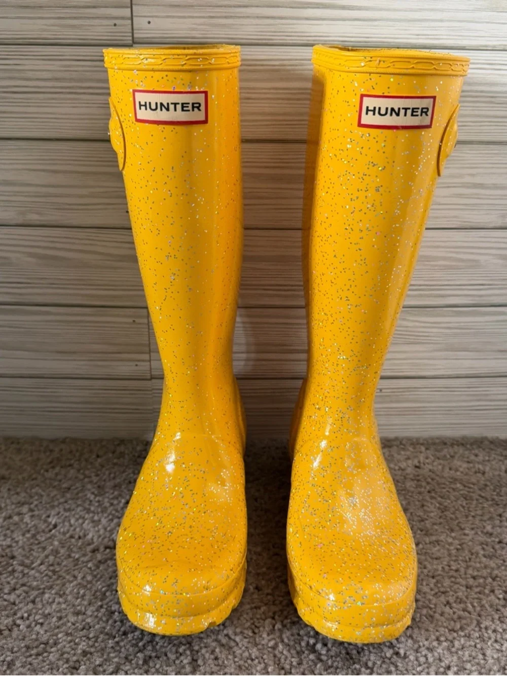 Hunter yellow glitter rain tall boots